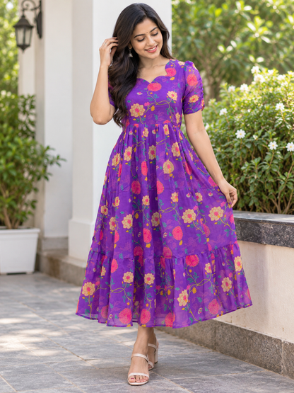 Purple Floral Printed Georgette Non Feeding Maxi