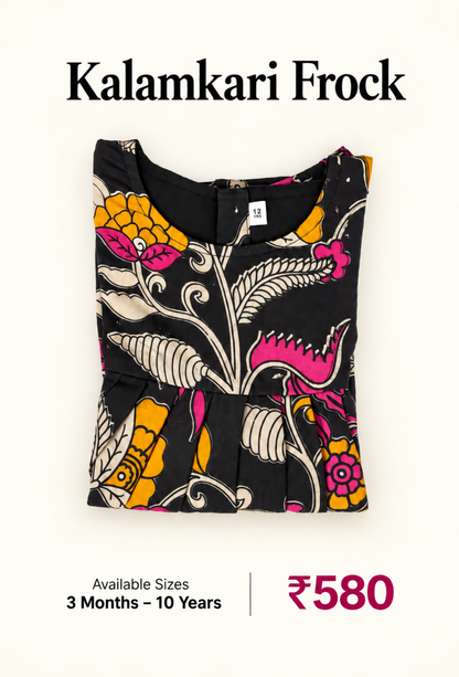 Black Floral Kalamkari Kids Outdoor Wear