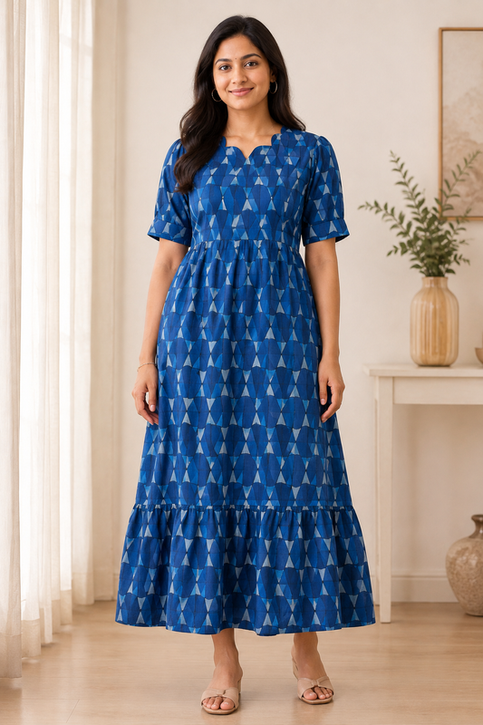 Navy Blue Pattern Printed Blended Cotton Non Feeding Maxi