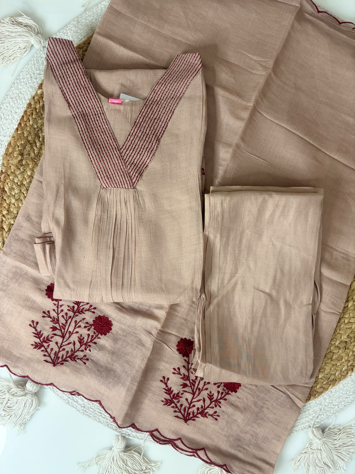 Mul Coral Peach Beige Maroon Floral Embroidered 3 Piece suit