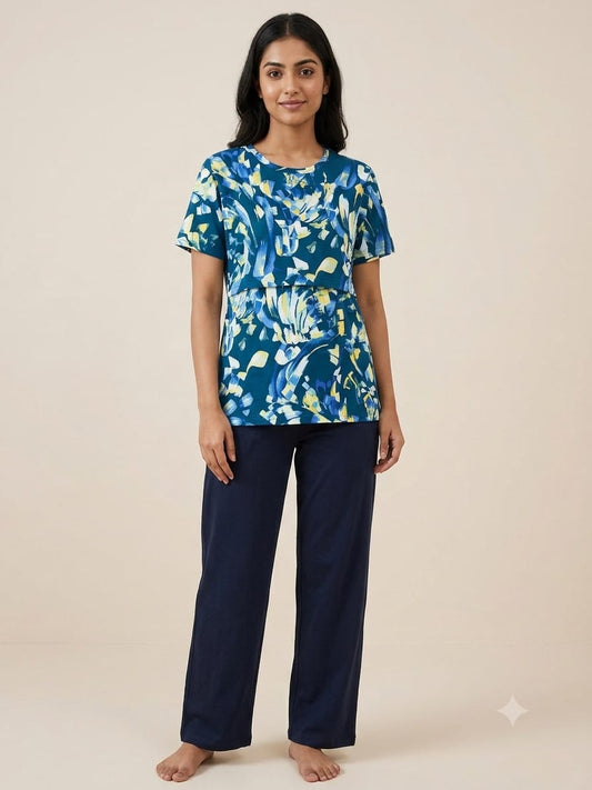 Royal Blue Abstract Brush Print Feeding T-Shirt with Navy Palazzo