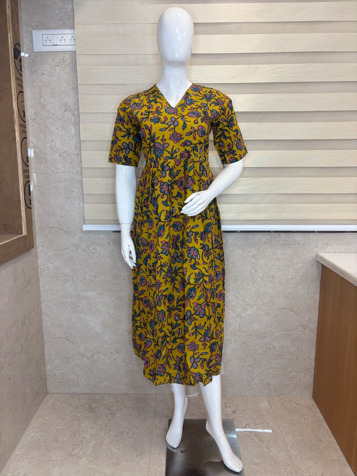 Mustard Yellow Floral Bloom Kalamkari Feeding Maxi