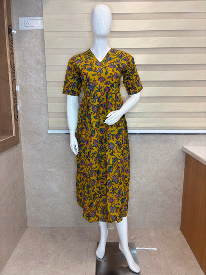 Mustard Yellow Floral Bloom Kalamkari Feeding Maxi