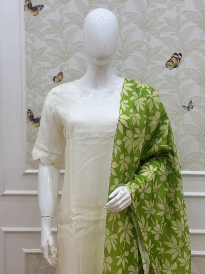 White Solid Chanderi Suit With Green Printed Dupatta