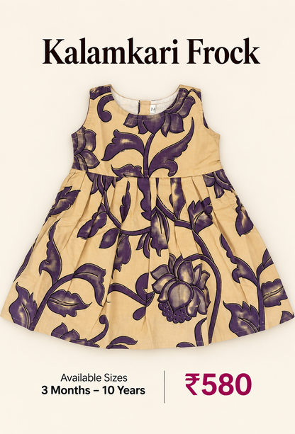 Beige Purple Floral Kids Kalamkari Outdoor Wear