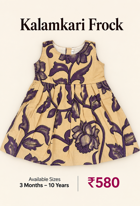 Beige Purple Floral Kids Kalamkari Outdoor Wear