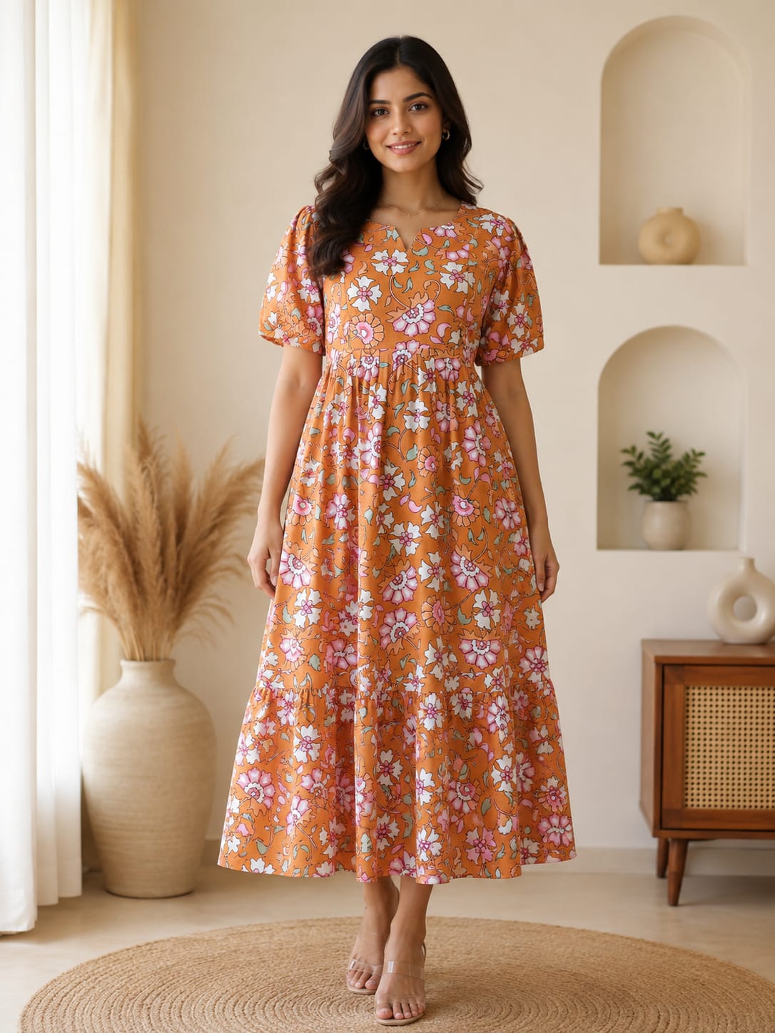 Orange Floral Blended Cotton Feeding Maxi