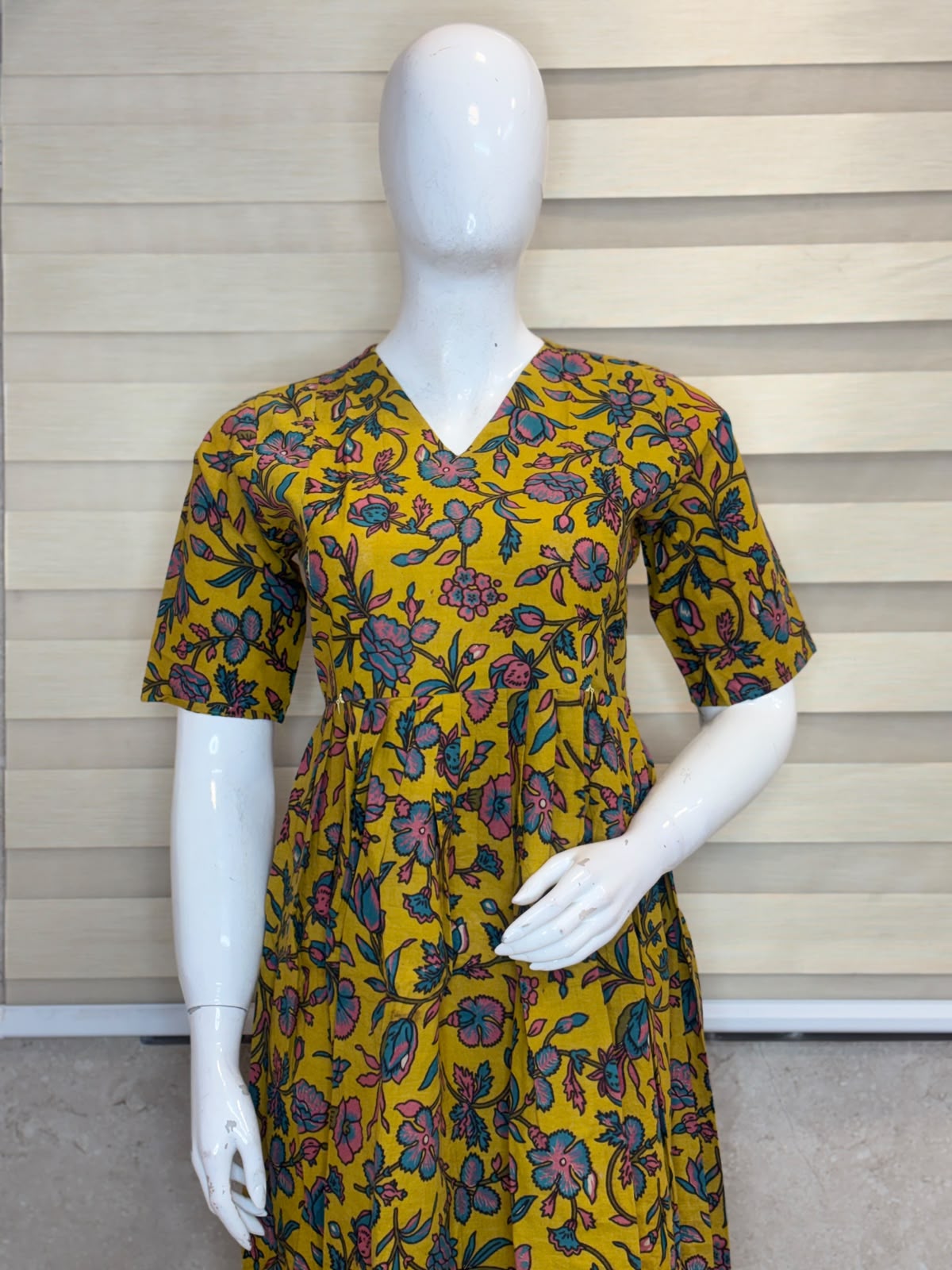 Mustard Yellow Floral Bloom Kalamkari Feeding Maxi