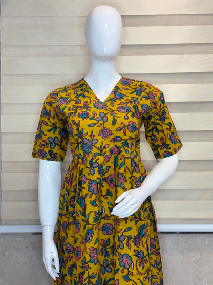 Mustard Yellow Floral Bloom Kalamkari Feeding Maxi