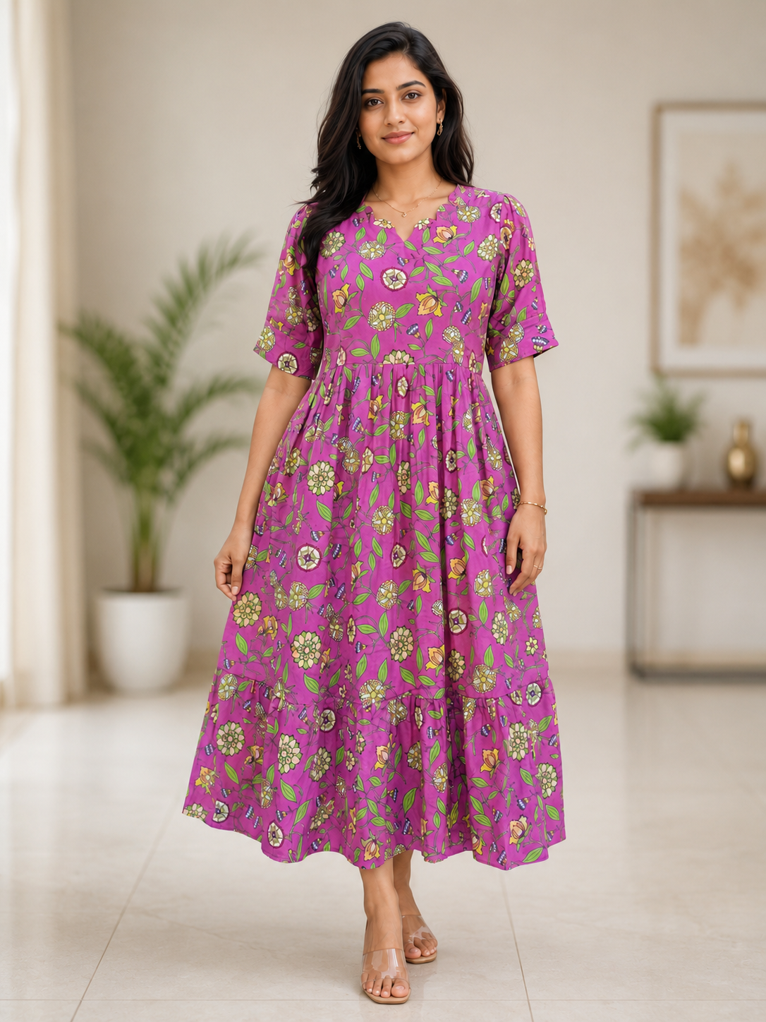 Pink Floral Print Blended cotton Non Feeding Maxi