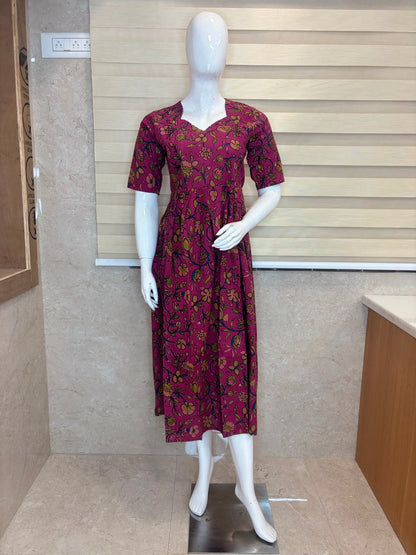 Berry Pink Floral Vine Kalamkari Feeding Maxi