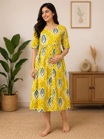 Mustard Ikat Diamond Print cotton Feeding Maxi