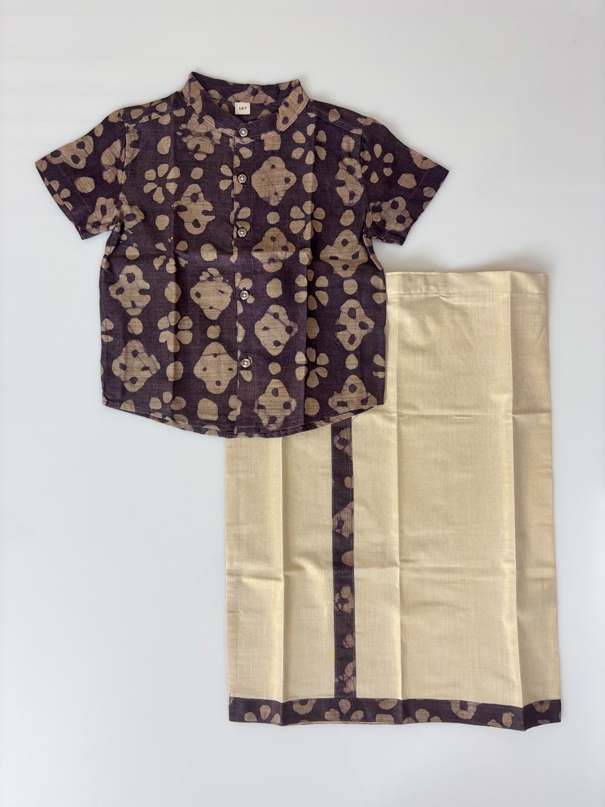 Brown Geometric Printed Boys Ethnic Shirt and Dhoti Set