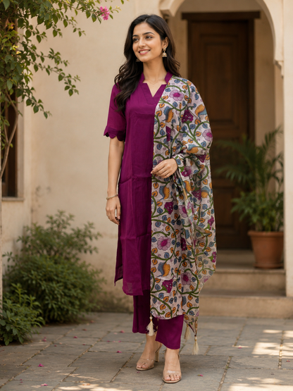 Wine Solid Chanderi Suit With Multicolored Printed Dupatta