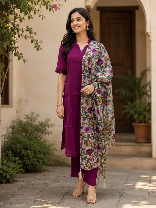 Wine Solid Chanderi Suit With Multicolored Printed Dupatta