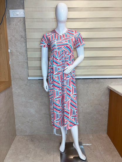 Multi Colored Printed Knitted Cotton V-neck Lounge Frock
