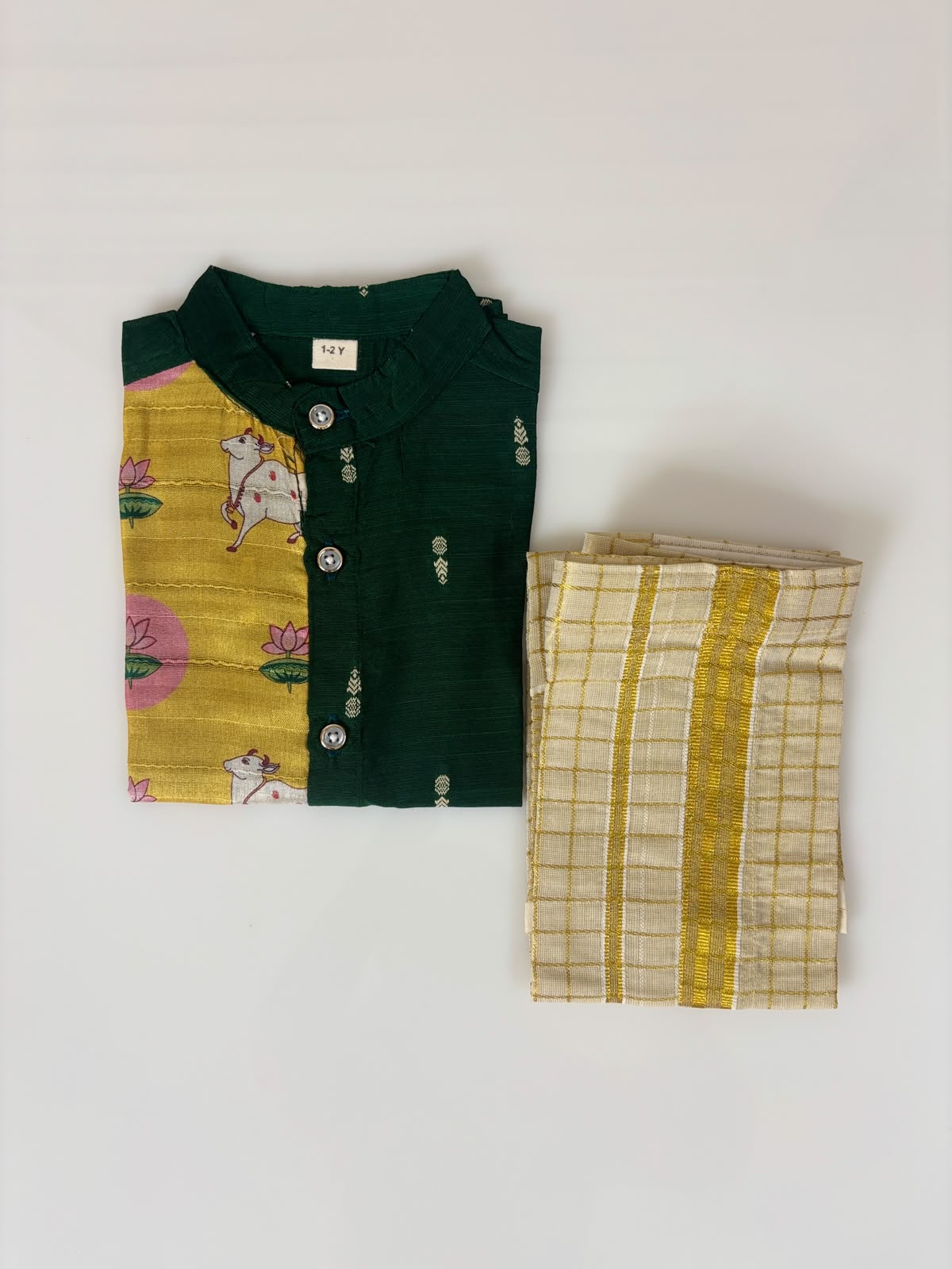 Traditional Indian Cow Motif Printed Boys Ethnic Shirt and Dhoti Set