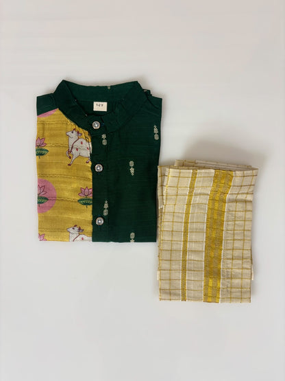 Traditional Indian Cow Motif Printed Boys Ethnic Shirt and Dhoti Set