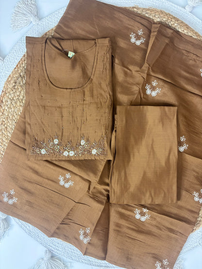 Elegant Mul Chanderi Coffee Brown Floral Embroidered 3-Piece Suit