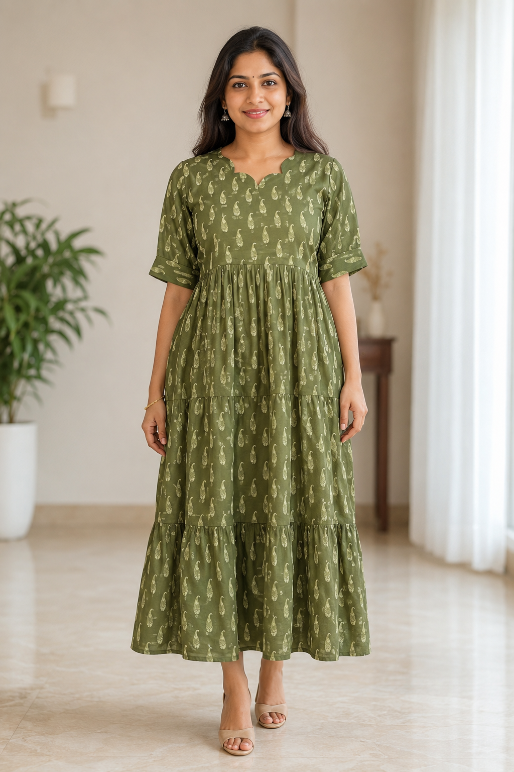 Olive Green Paisley Printed Blended Cotton Non Feeding Maxi