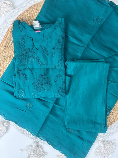 Elegant Soft coral line Teal Blue Floral Embroidery Women's Anarkali 3 piece Suit