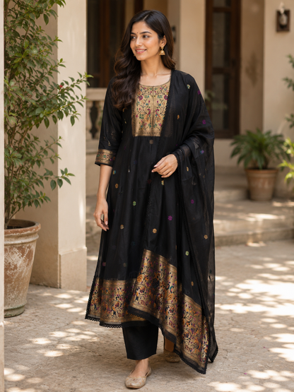 Elegant Black Patola Silk Kurta Set With Duppata