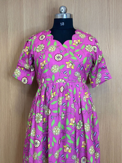 Pink Floral Print Blended cotton Non Feeding Maxi