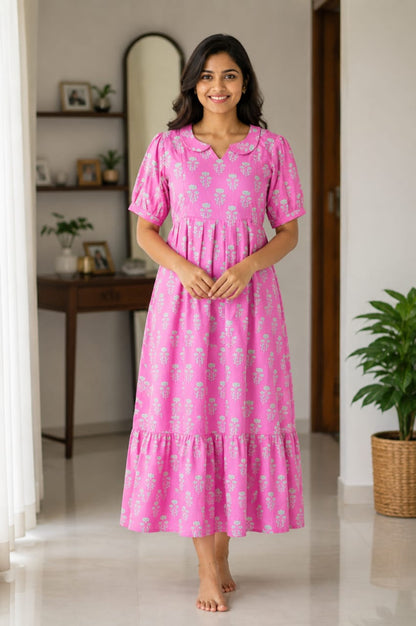 Pink And Lime Green Floral Printed Blended Cotton Feeding Maxi