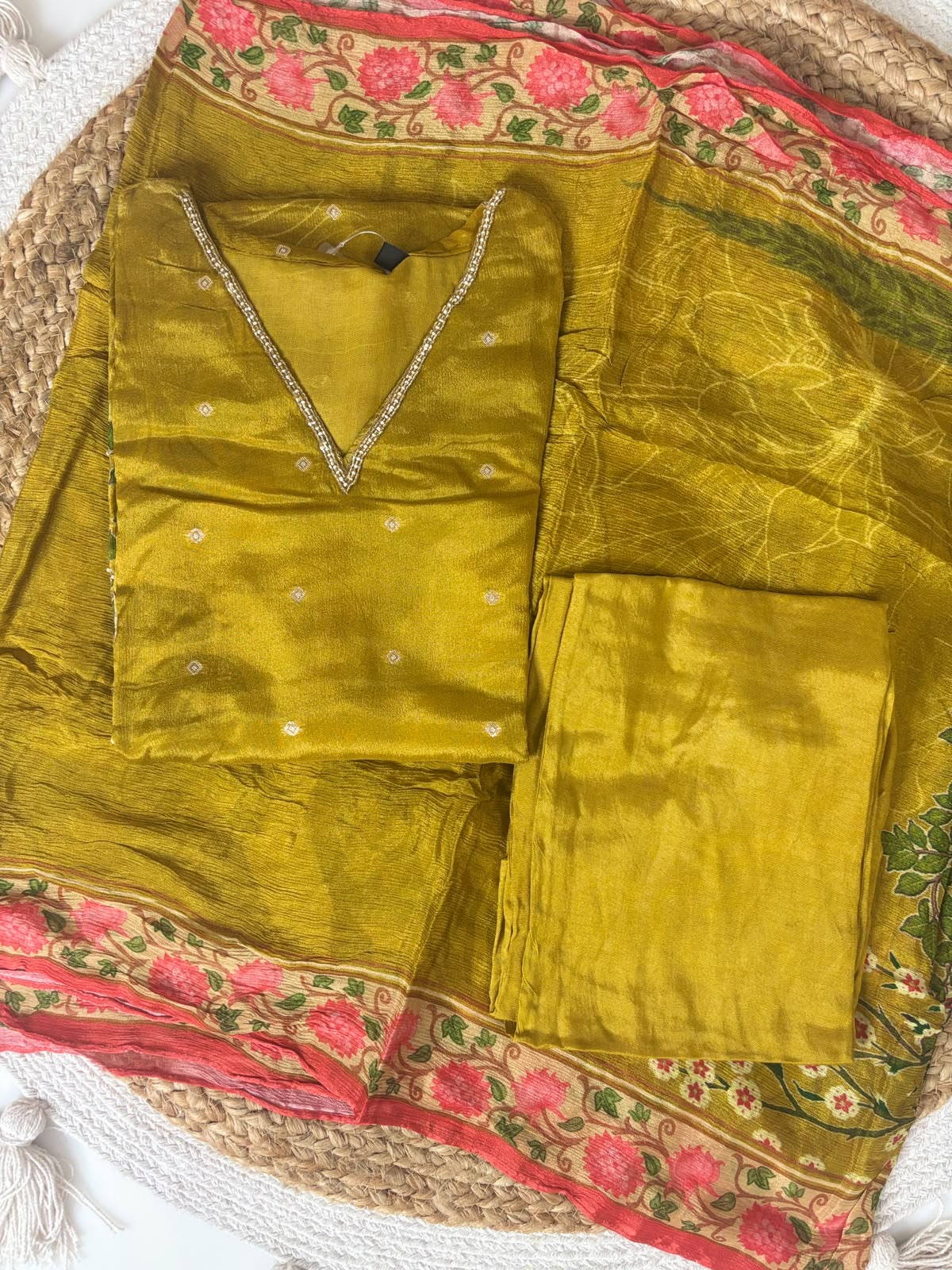 Chinon Silk Mustard Traditional Floral Printed 3-Piece Suit