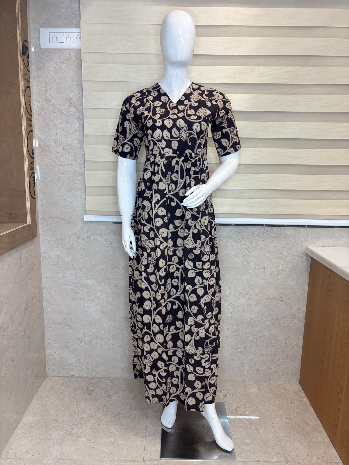 Charcoal Black Ivory Floral Vine Kalamkari Feeding Maxi