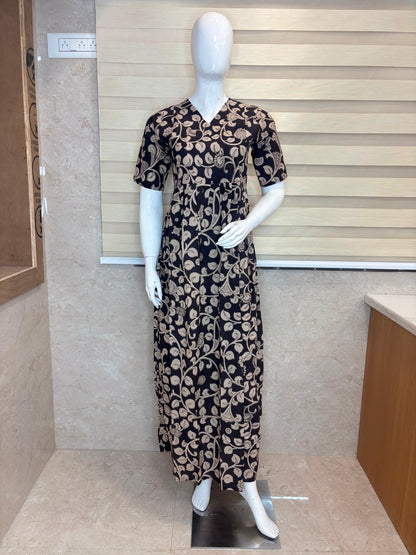 Charcoal Black Ivory Floral Vine Kalamkari Feeding Maxi