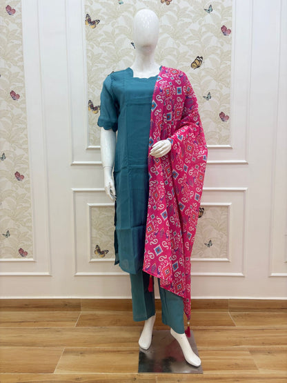 Steel Blue Solid Chanderi Suit With Pink Printed Dupatta