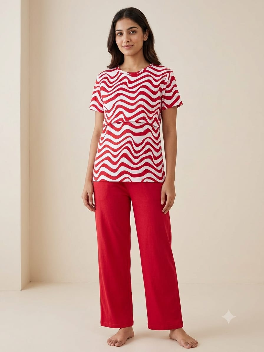 White & Red Wave Print Feeding T-Shirt with Hot Pink Palazzo