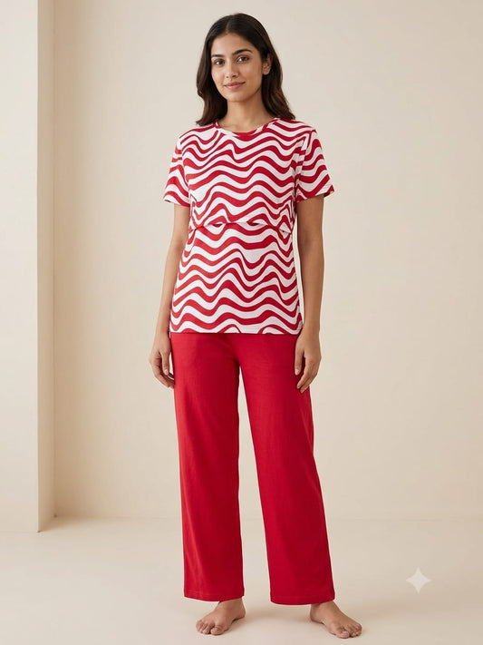 White & Red Wave Print Feeding T-Shirt with Hot Pink Palazzo
