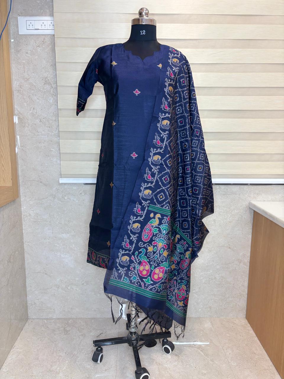 Premium Navy Jamdhani Silk Kurti With Duppata 2 piece set