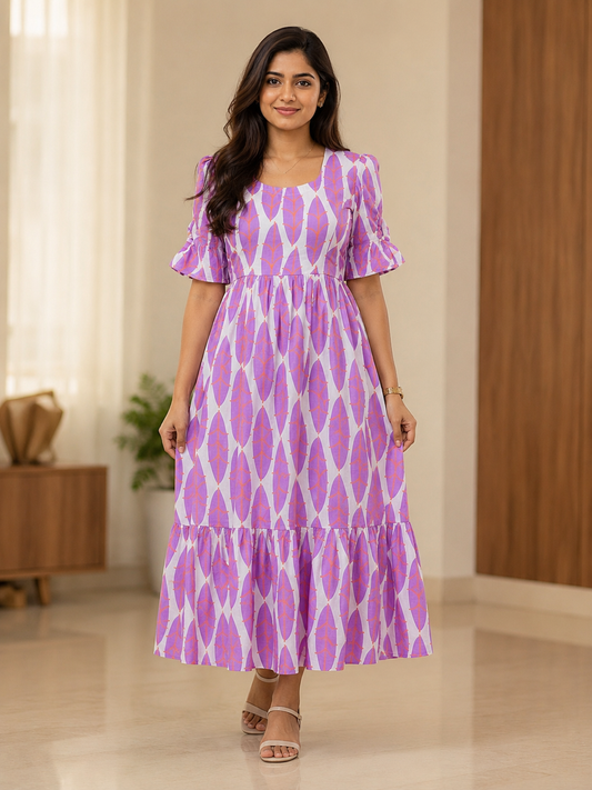 Lavender Leaf Printed Blended Cotton Non Feeding Maxi