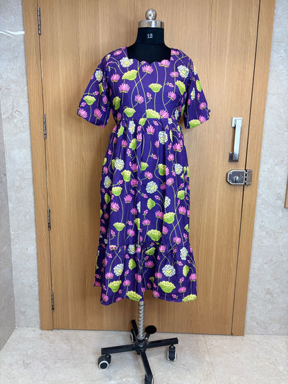 Navy Blue Lotus Printed Blended Cotton Non Feeding Maxi