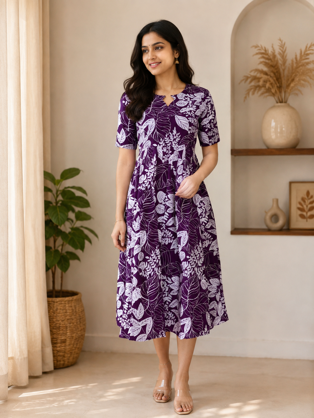 Deep Plum Botanical Leaf Print Non-Feeding Maxi