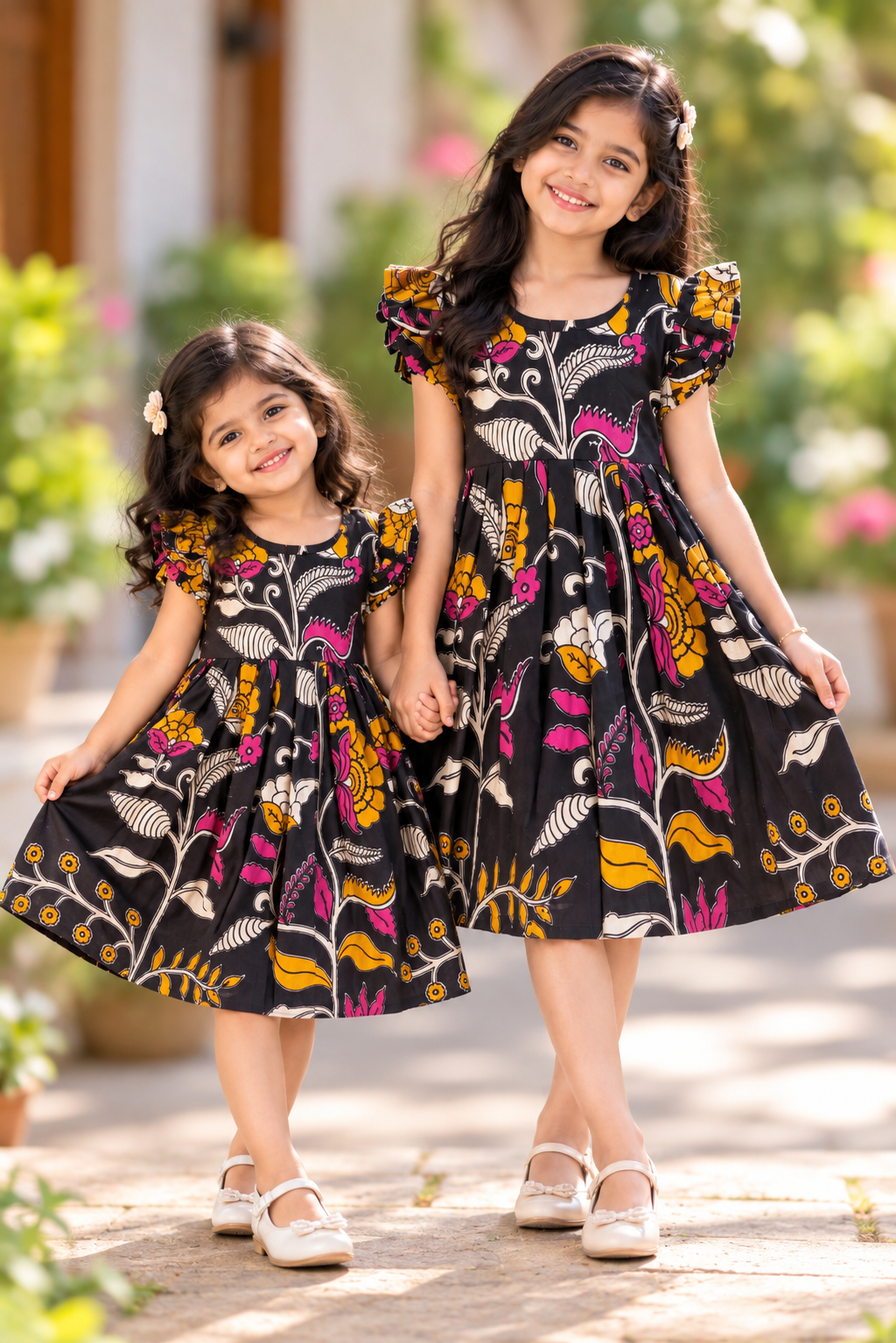 Black Floral Kalamkari Kids Outdoor Wear