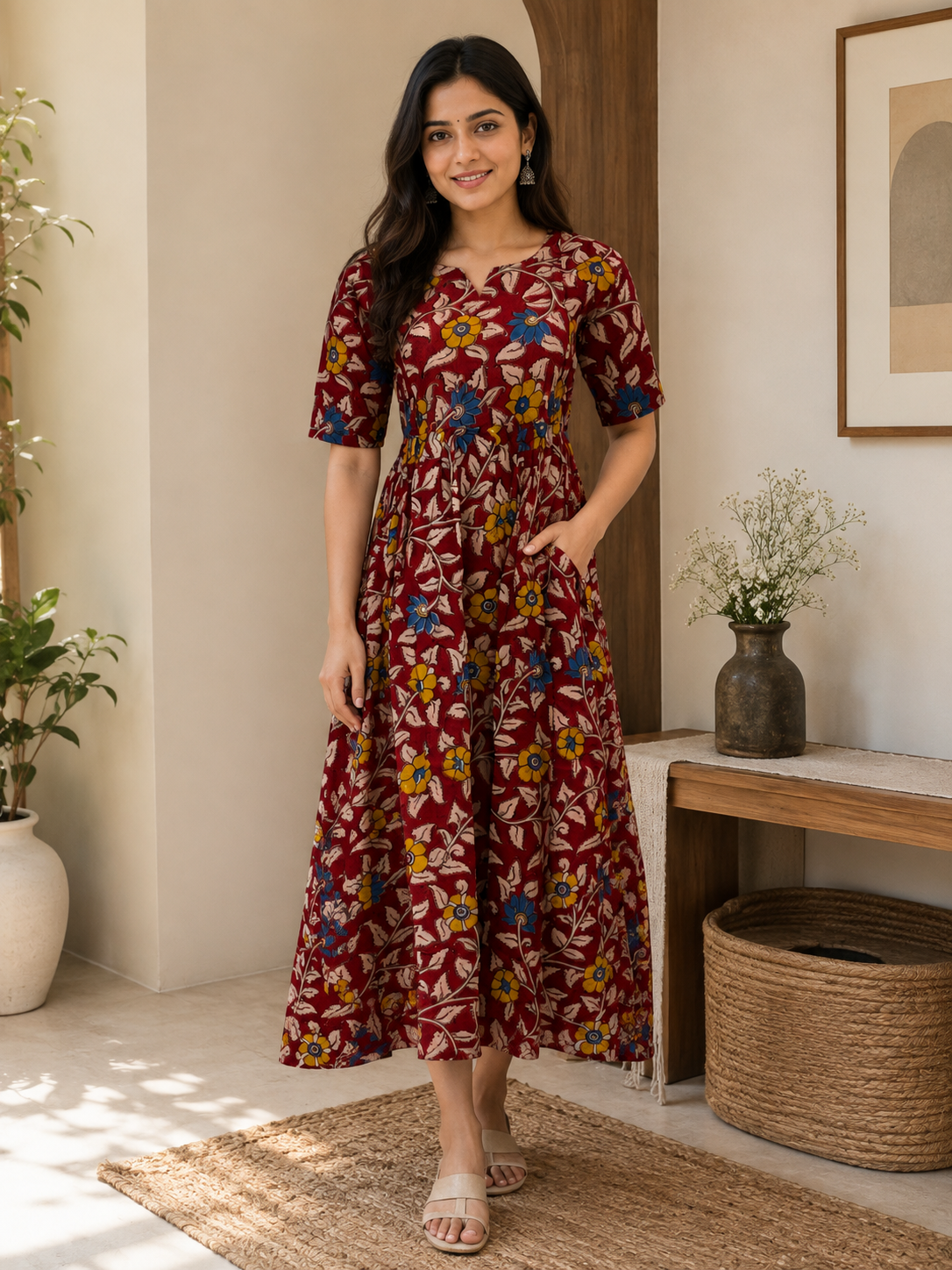 Brick Red Floral Vine Kalamkari Feeding Maxi