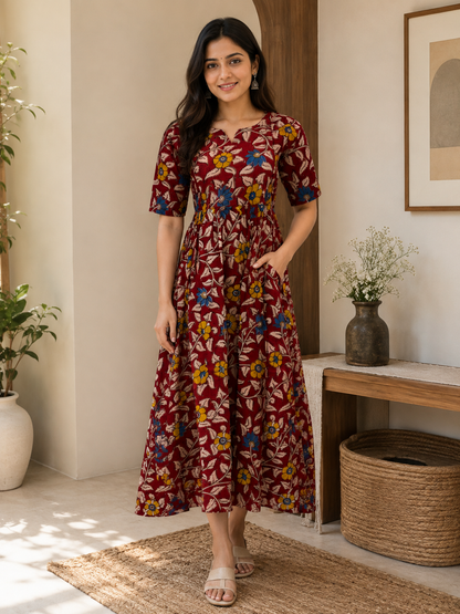Brick Red Floral Vine Kalamkari Feeding Maxi