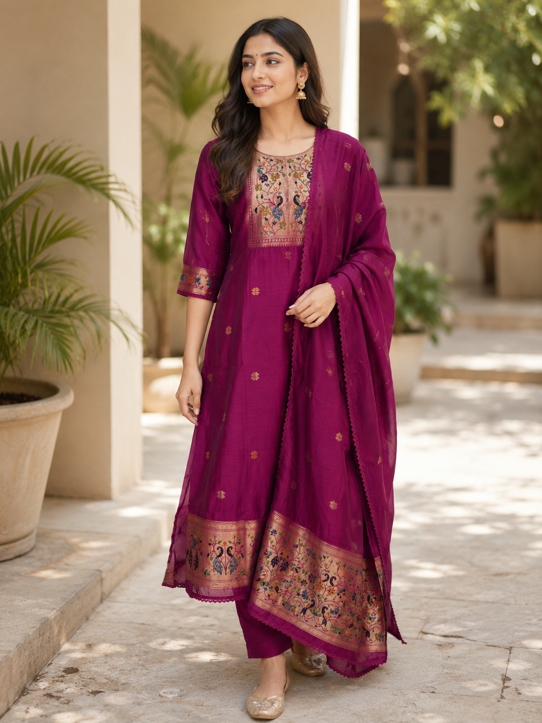 Elegant Rose Patola Silk Kurta Set With Duppata