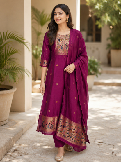 Elegant Rose Patola Silk Kurta Set With Duppata