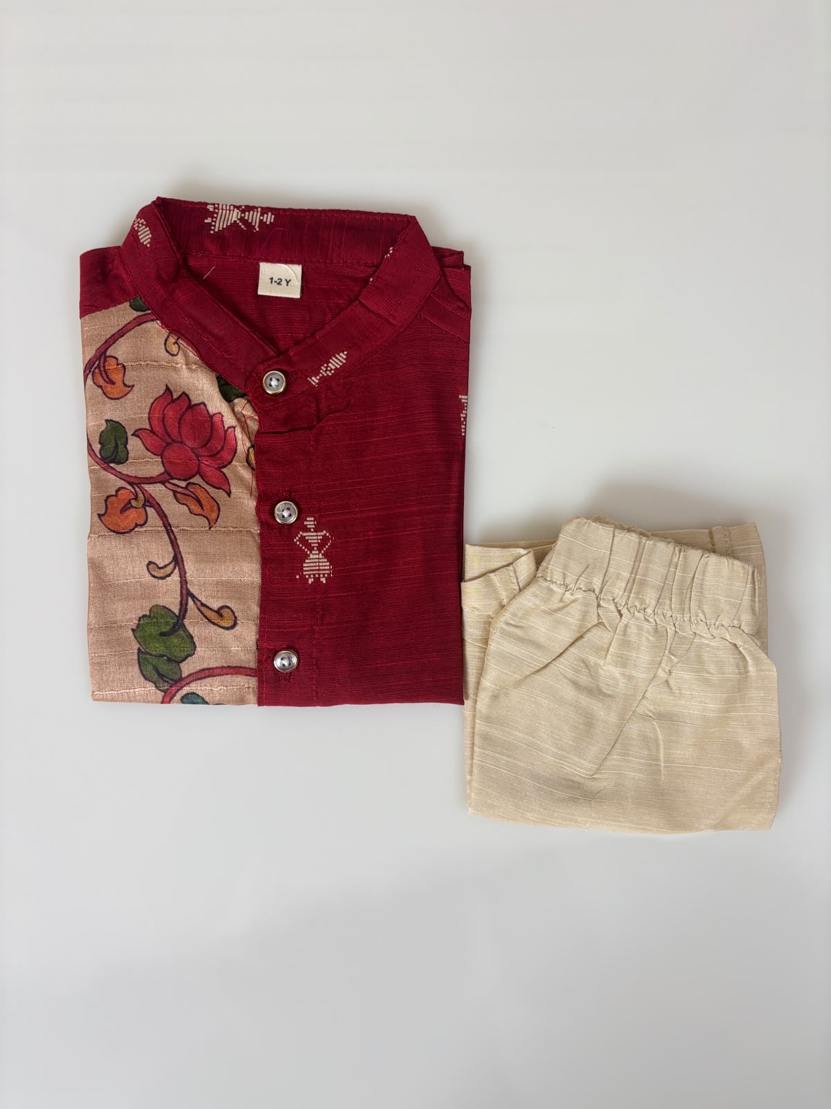 Marron Floral Printed Kids Ethnic Shirt and Shorts Set