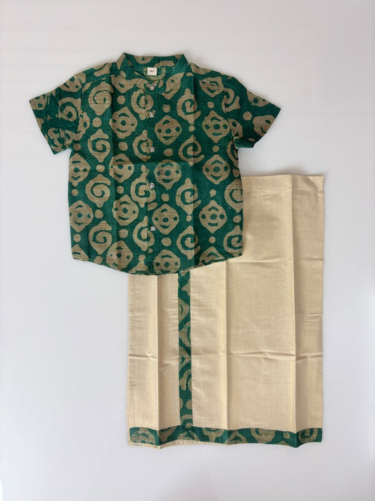 Green Geometric Printed Boys Ethnic Shirt and Dhoti Set