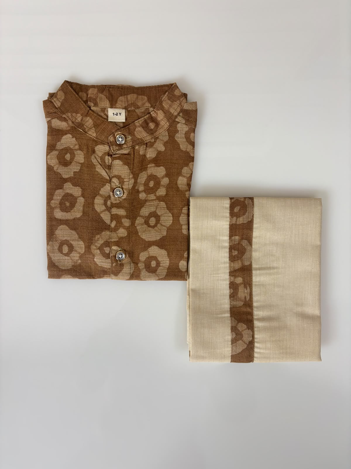 Beige Georgette Printed Boys Ethnic Shirt and Dhoti Set