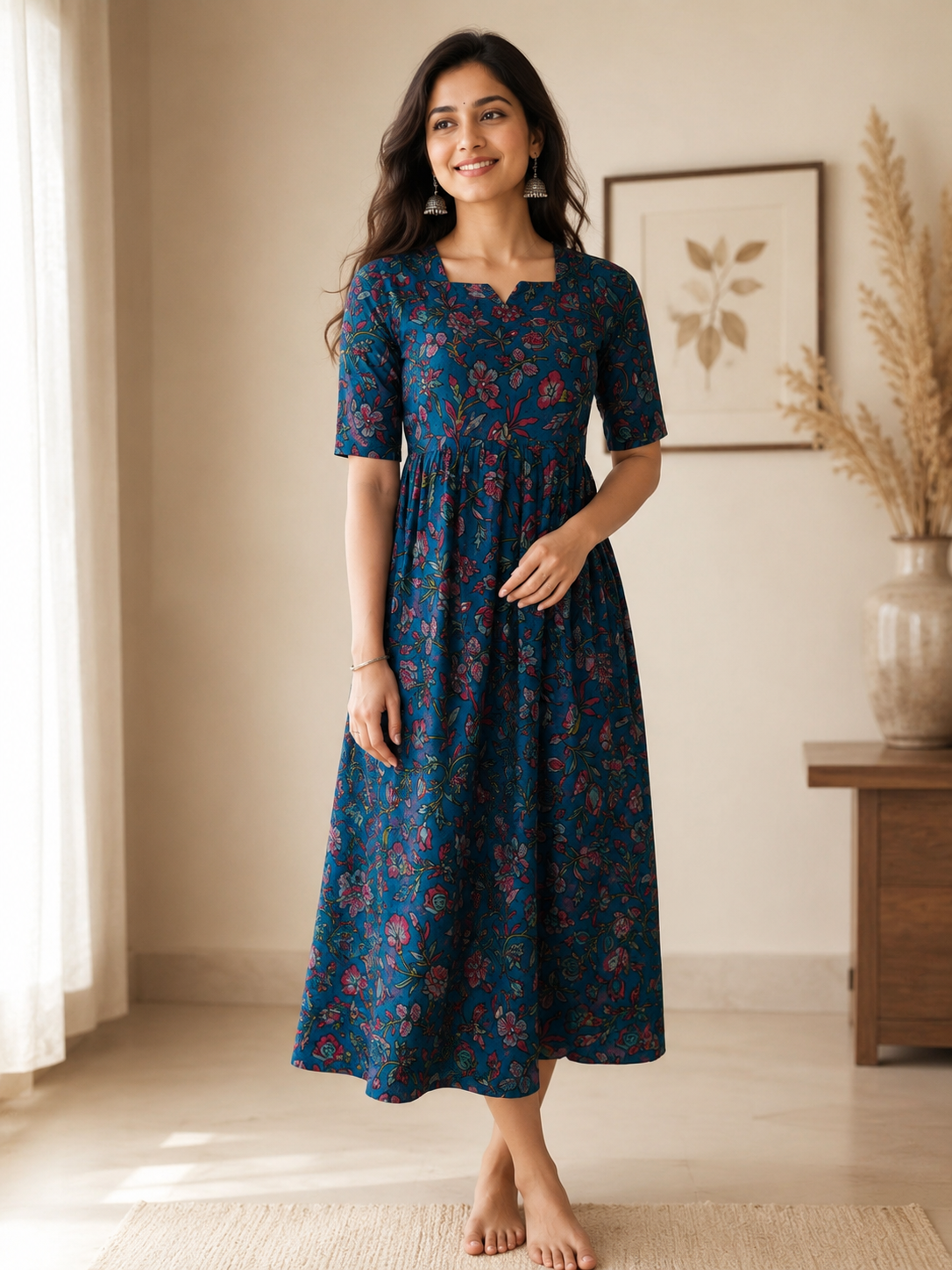 Teal Pink Floral Vine Kalamkari Printed Feeding Maxi