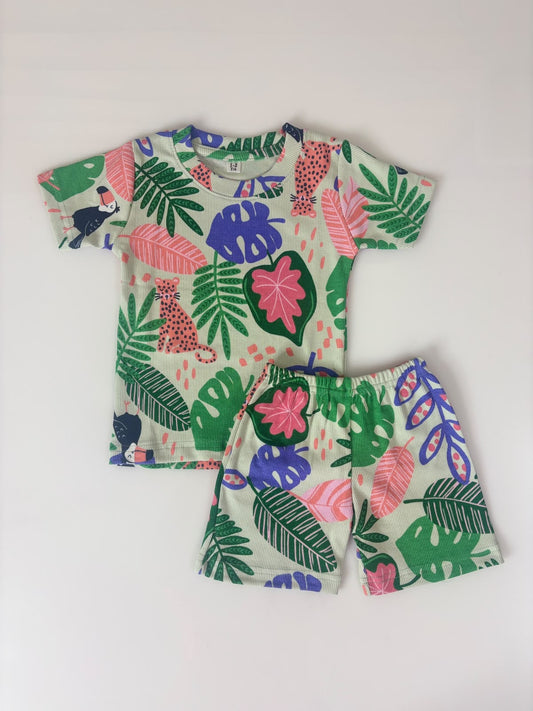 Tropical Leaf Printed Kids Rib T-shirt and Shorts Set