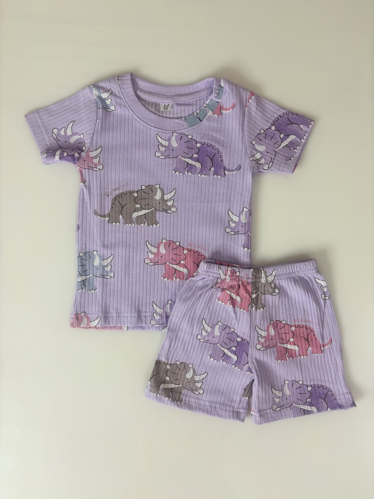 Lavendar Cartoon Character Printed Kids Rib T-shirt and Shorts Set