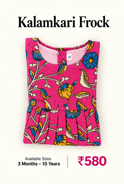 Magenta Pink Floral Kalamkari Kids Outdoor Wear
